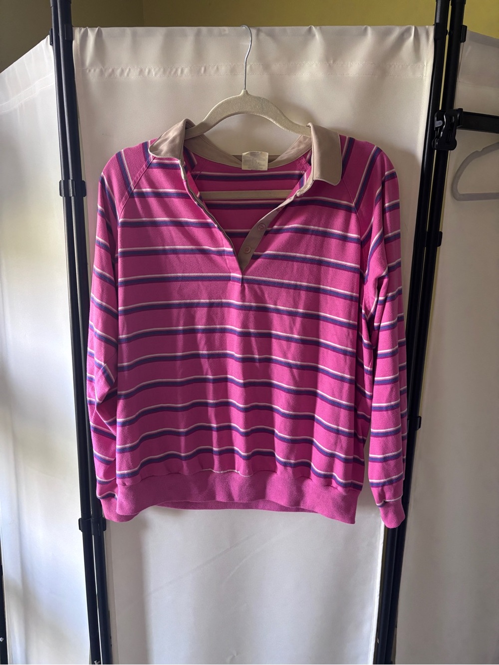 Vintage 90s Sears Pink Rugby Shirt with Purple & White Stripes and Cream Collar